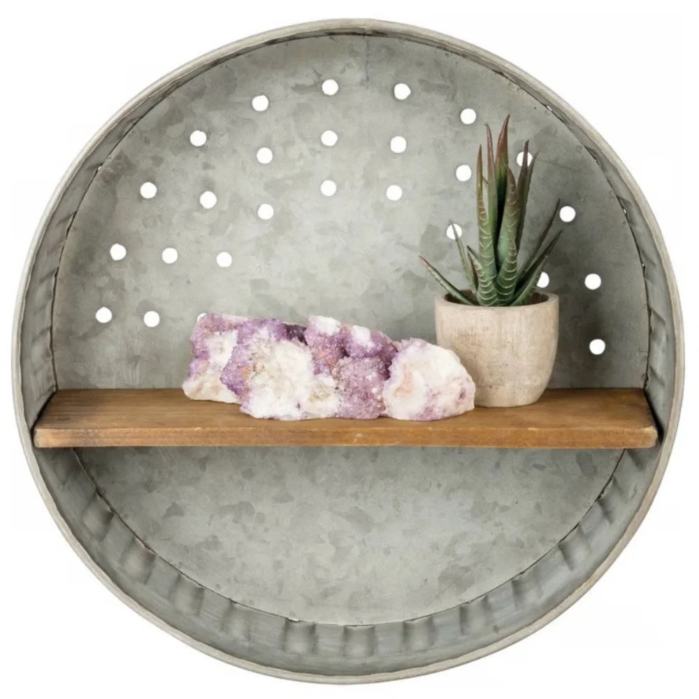 KATHY Farmhouse Rustic Round Gray Metal Wall Wooden Shelf Country Core #0725259